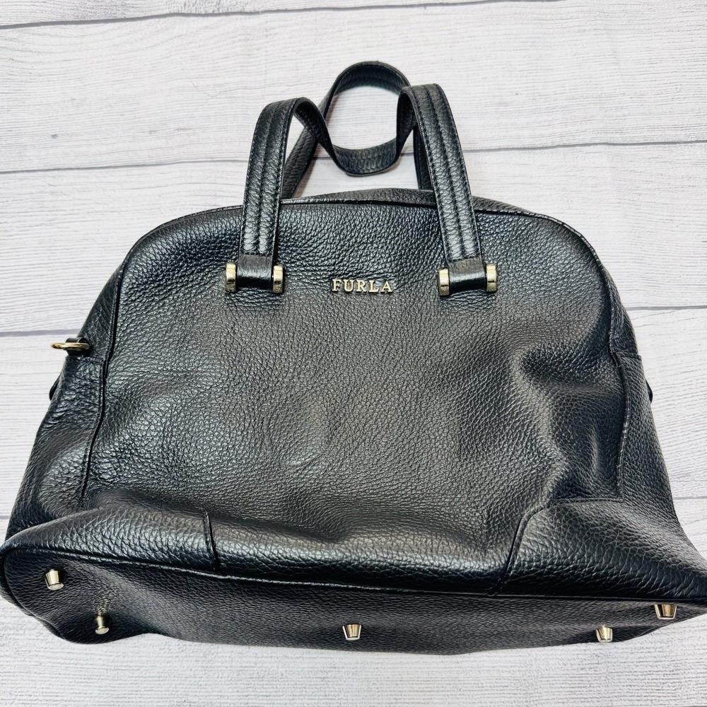 Furla Black Pebbled Leather Satchel with Gold Hardware
